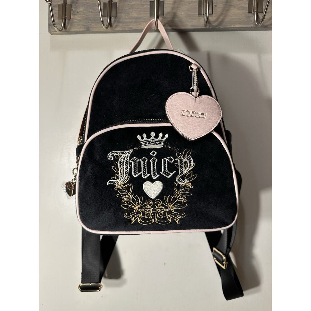 Juicy Couture Backpack, Retro Heritage Embroidered Bag - Black Velour & Pink NWT